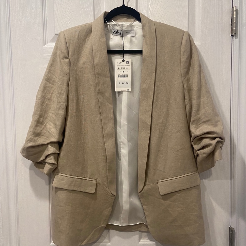 Zara Beige Linen Blazer With Pockets Lapel Collar